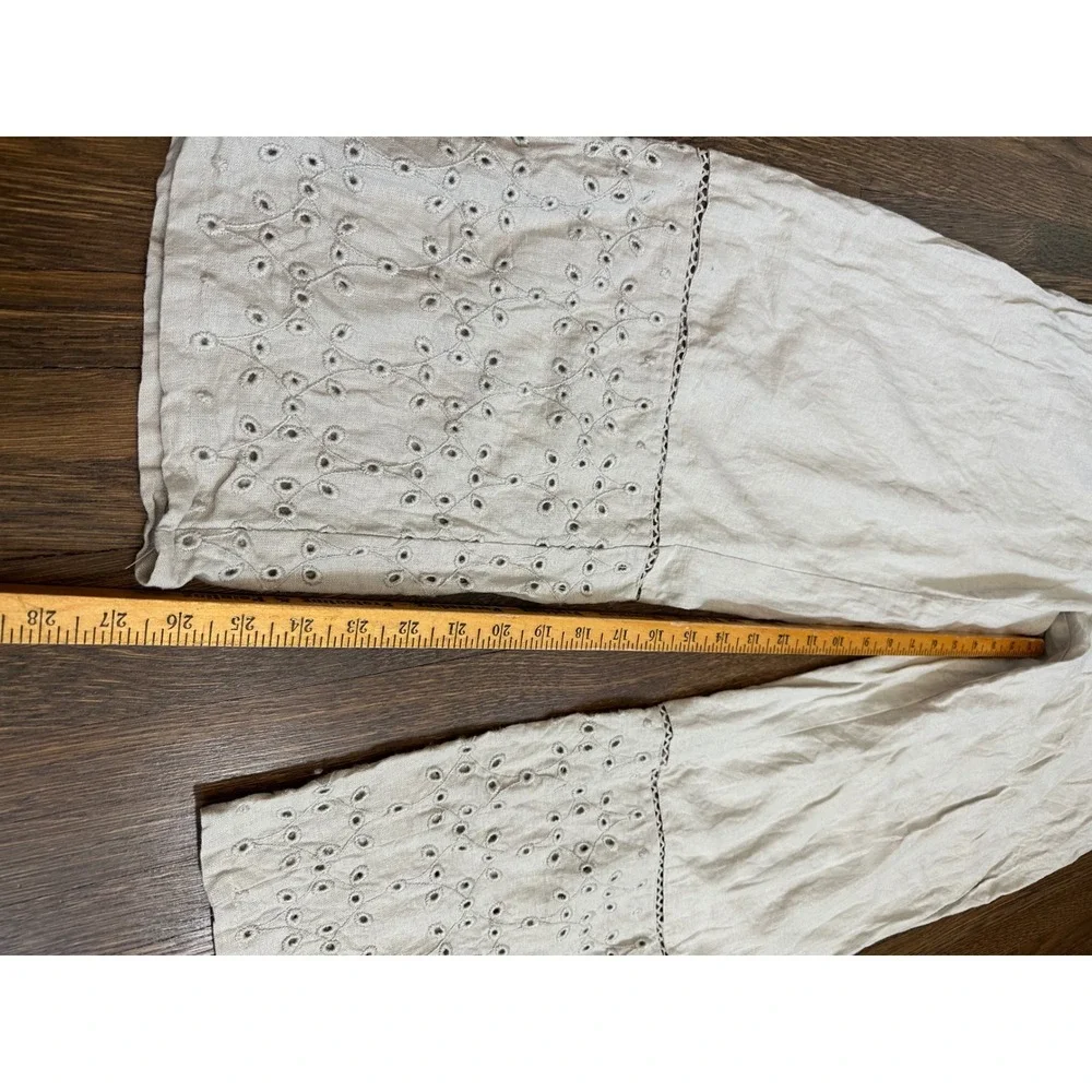 Zara Linen Blend Wide Leg Eyelet Embroidered Pants Beige Small Boho Trousers(48)